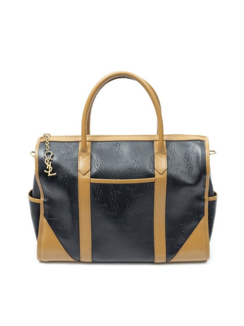 Saint Laurent Vintage Side Pocket Boston Black Tan Embossed Leather Handbag